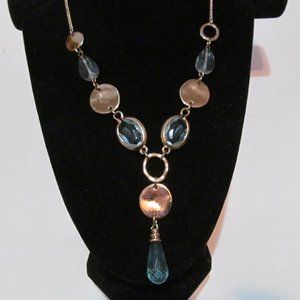 Gold tone necklace blue beads gold tabs blue pendent signed